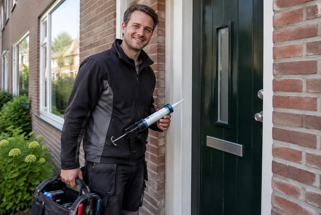 Vakman van Kitbedrijf Heiloo bij de voordeur van een woning